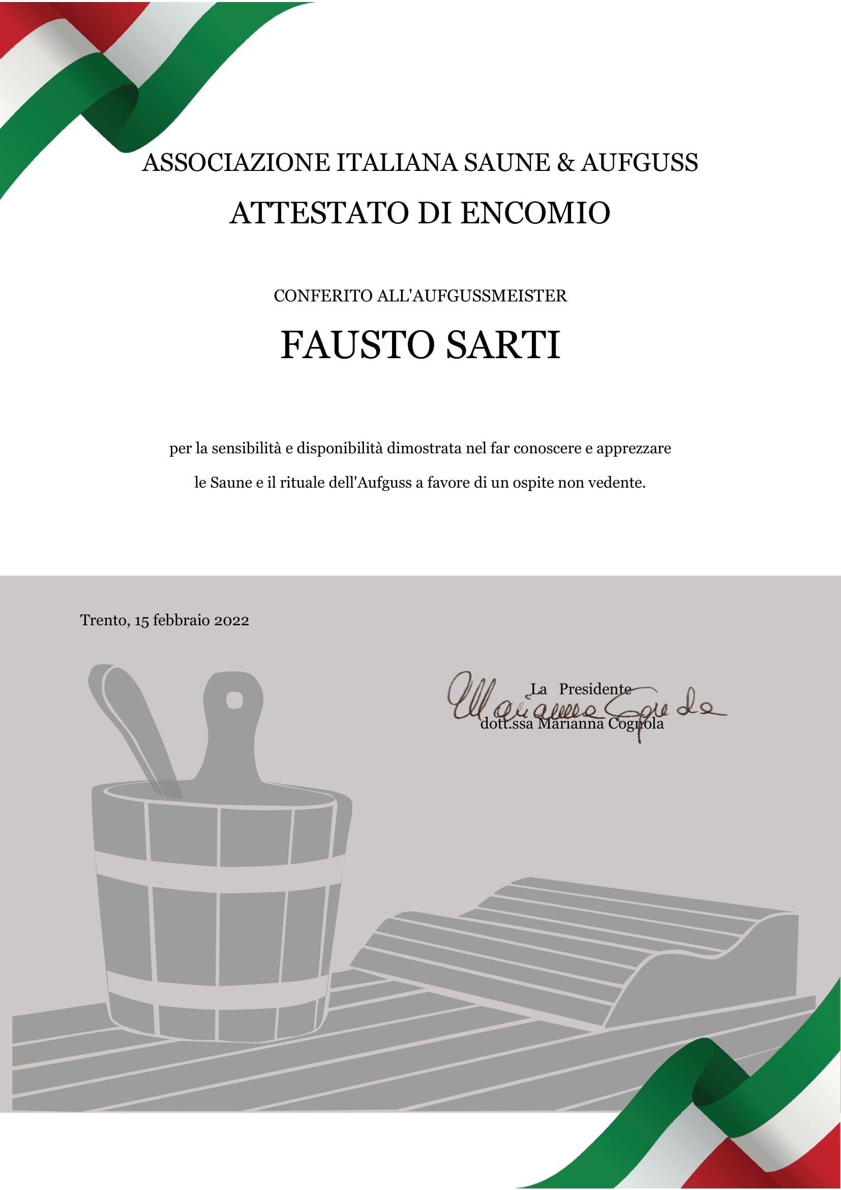 Certificate of Commendation to Fausto Sarti