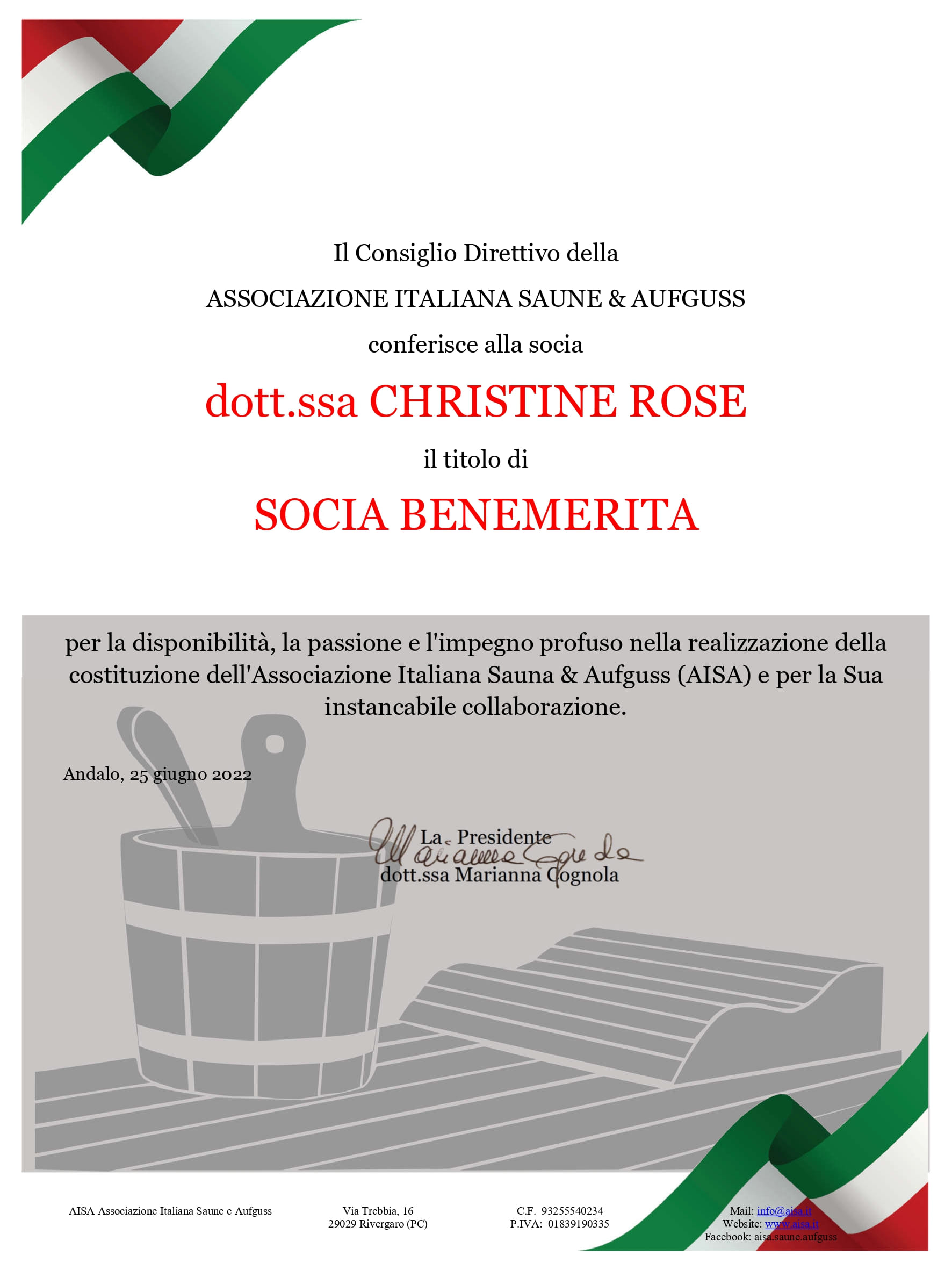 Certificate of Meritorious Member to Christine Rose